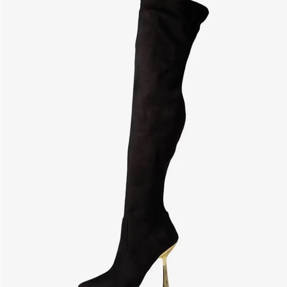 Steve Madden VENUSS Black Over-the-Knee Boots with Gold Heel